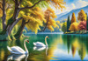 Realistic Landscape Art of Italian Village with Swans on Lake