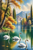Realistic Landscape Art of Italian Village with Swans on Lake