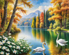 Realistic Landscape Art of Italian Village with Swans on Lake