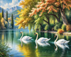 Realistic Landscape Art of Italian Village with Swans on Lake