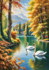 Realistic Landscape Art of Italian Village with Swans on Lake