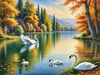 Realistic Landscape Art of Italian Village with Swans on Lake