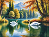 Realistic Landscape Art of Italian Village with Swans on Lake