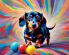 Playful Dachshund Art Print with Transforming Shadow into Stretched Toys