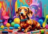 Playful Dachshund Art Print with Transforming Shadow into Stretched Toys