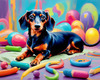 Playful Dachshund Art Print with Transforming Shadow into Stretched Toys