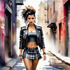 Printable art of a rebellious punk girl with a plaid skirt and leather jacket in an urban alley with decay and posters