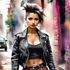 Printable art of a rebellious punk girl with a plaid skirt and leather jacket in an urban alley with decay and posters
