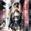 Printable art of a rebellious punk girl with a plaid skirt and leather jacket in an urban alley with decay and posters