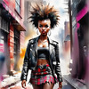 Printable art of a rebellious punk girl with a plaid skirt and leather jacket in an urban alley with decay and posters