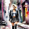 Printable art of a rebellious punk girl with a plaid skirt and leather jacket in an urban alley with decay and posters