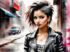 Printable art of a rebellious punk girl with a plaid skirt and leather jacket in an urban alley with decay and posters