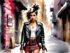 Printable art of a rebellious punk girl with a plaid skirt and leather jacket in an urban alley with decay and posters