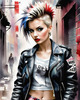 Printable art of a rebellious punk girl with a plaid skirt and leather jacket in an urban alley with decay and posters