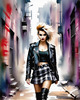 Printable art of a rebellious punk girl with a plaid skirt and leather jacket in an urban alley with decay and posters