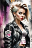 Printable art of a rebellious punk girl with a plaid skirt and leather jacket in an urban alley with decay and posters