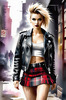 Printable art of a rebellious punk girl with a plaid skirt and leather jacket in an urban alley with decay and posters