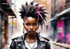 Printable art of a rebellious punk girl with a plaid skirt and leather jacket in an urban alley with decay and posters