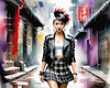 Printable art of a rebellious punk girl with a plaid skirt and leather jacket in an urban alley with decay and posters