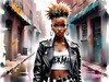 Printable art of a rebellious punk girl with a plaid skirt and leather jacket in an urban alley with decay and posters
