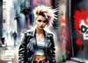Printable art of a rebellious punk girl with a plaid skirt and leather jacket in an urban alley with decay and posters
