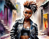 Printable art of a rebellious punk girl with a plaid skirt and leather jacket in an urban alley with decay and posters