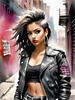 Printable art of a rebellious punk girl with a plaid skirt and leather jacket in an urban alley with decay and posters