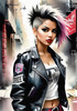 Printable art of a rebellious punk girl with a plaid skirt and leather jacket in an urban alley with decay and posters