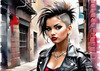 Printable art of a rebellious punk girl with a plaid skirt and leather jacket in an urban alley with decay and posters