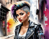 Printable art of a rebellious punk girl with a plaid skirt and leather jacket in an urban alley with decay and posters