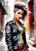 Printable art of a rebellious punk girl with a plaid skirt and leather jacket in an urban alley with decay and posters