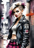 Printable art of a rebellious punk girl with a plaid skirt and leather jacket in an urban alley with decay and posters