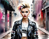 Printable art of a rebellious punk girl with a plaid skirt and leather jacket in an urban alley with decay and posters