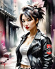 Printable art of a rebellious punk girl with a plaid skirt and leather jacket in an urban alley with decay and posters
