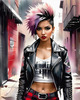 Printable art of a rebellious punk girl with a plaid skirt and leather jacket in an urban alley with decay and posters