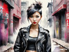 Printable art of a rebellious punk girl with a plaid skirt and leather jacket in an urban alley with decay and posters