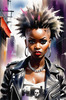 Printable art of a rebellious punk girl with a plaid skirt and leather jacket in an urban alley with decay and posters