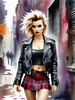 Printable art of a rebellious punk girl with a plaid skirt and leather jacket in an urban alley with decay and posters