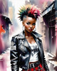 Printable art of a rebellious punk girl with a plaid skirt and leather jacket in an urban alley with decay and posters