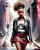 Printable art of a rebellious punk girl with a plaid skirt and leather jacket in an urban alley with decay and posters