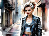Printable art of a rebellious punk girl with a plaid skirt and leather jacket in an urban alley with decay and posters