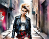 Printable art of a rebellious punk girl with a plaid skirt and leather jacket in an urban alley with decay and posters