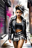 Printable art of a rebellious punk girl with a plaid skirt and leather jacket in an urban alley with decay and posters