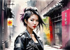 Printable art of a rebellious punk girl with a plaid skirt and leather jacket in an urban alley with decay and posters