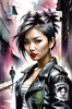 Printable art of a rebellious punk girl with a plaid skirt and leather jacket in an urban alley with decay and posters