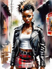 Printable art of a rebellious punk girl with a plaid skirt and leather jacket in an urban alley with decay and posters