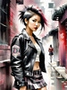 Printable art of a rebellious punk girl with a plaid skirt and leather jacket in an urban alley with decay and posters