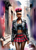 Printable art of a rebellious punk girl with a plaid skirt and leather jacket in an urban alley with decay and posters