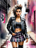 Printable art of a rebellious punk girl with a plaid skirt and leather jacket in an urban alley with decay and posters