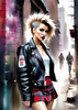 Printable art of a rebellious punk girl with a plaid skirt and leather jacket in an urban alley with decay and posters